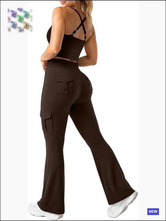 Tops - 2 Piece Tank Cargo Flare Leggings Set with Pockets Yoga Gym Outfit